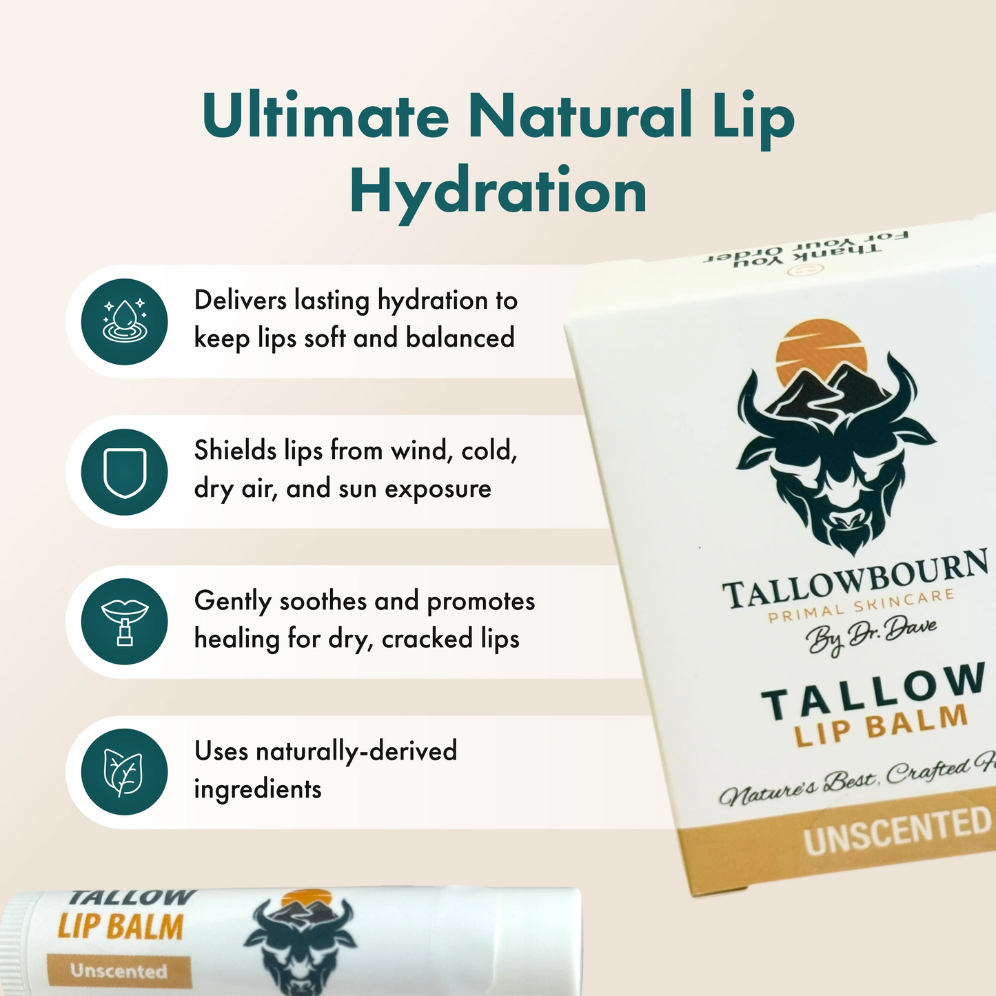 Tallowbourn lip balm packaging with product features on a beige background