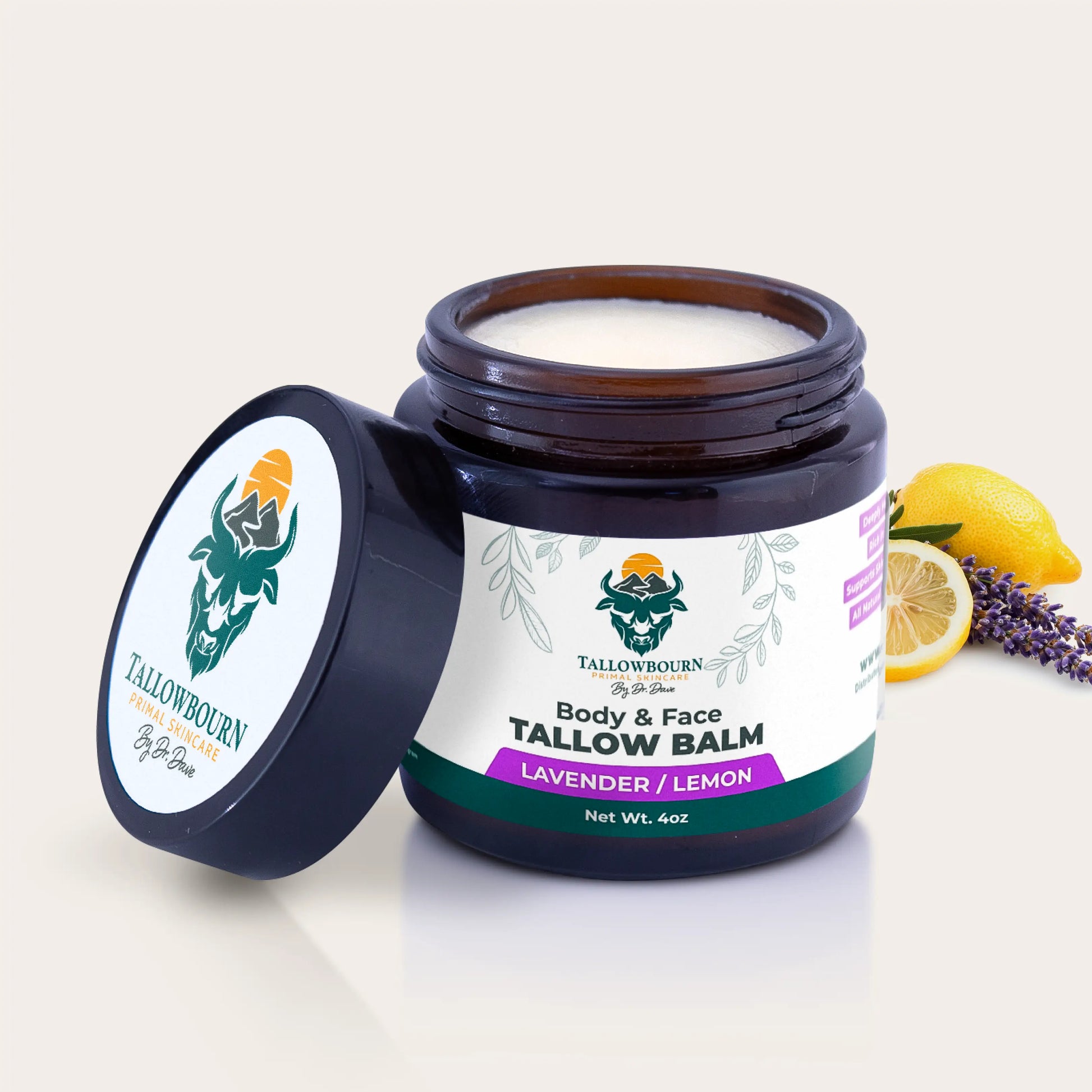 Tallowbourn Tallow balm jar with lavender and lemon elements on a light background