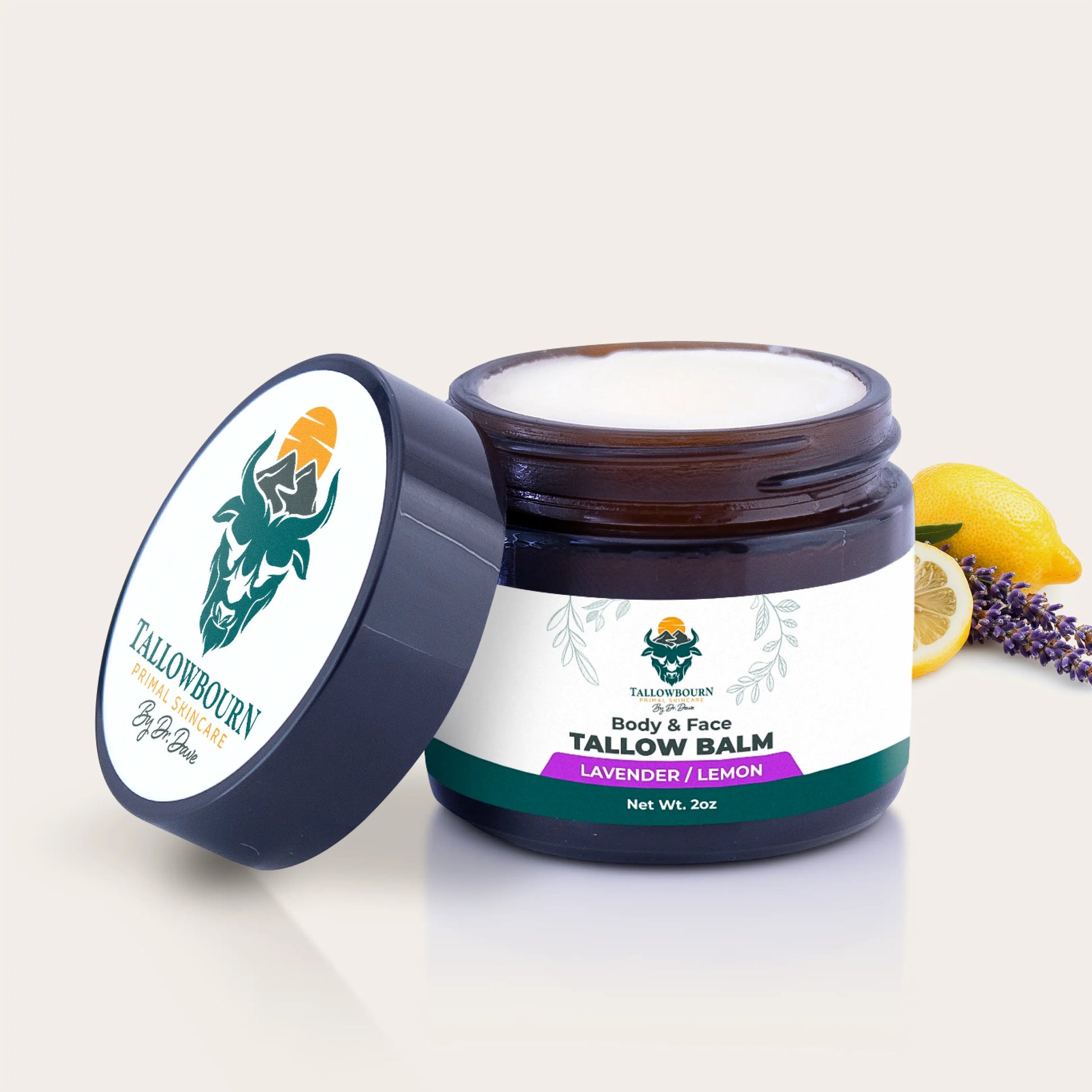 Tallowbourn body and face tallow balm jar with lavender and lemon on a light background