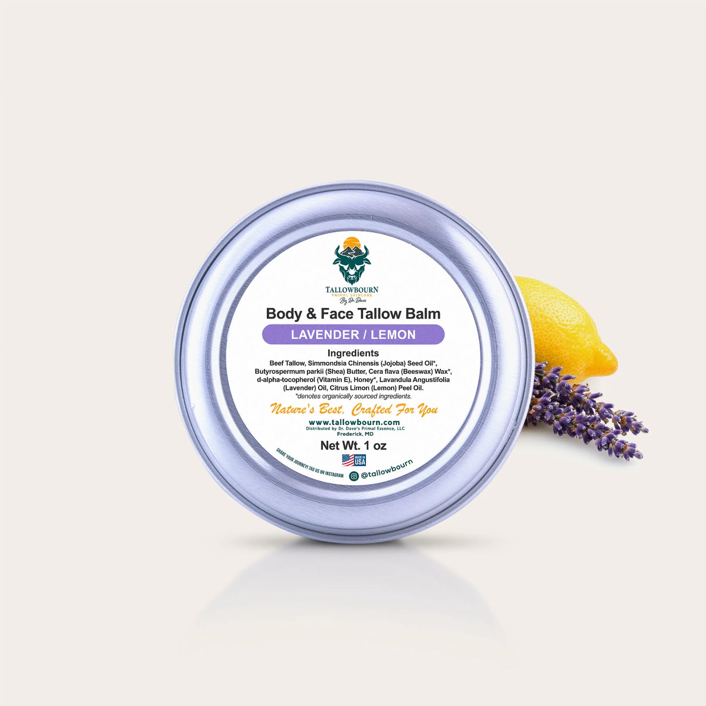 1oz Tallowbourn Tallow balm container with lavender and lemon on a light background