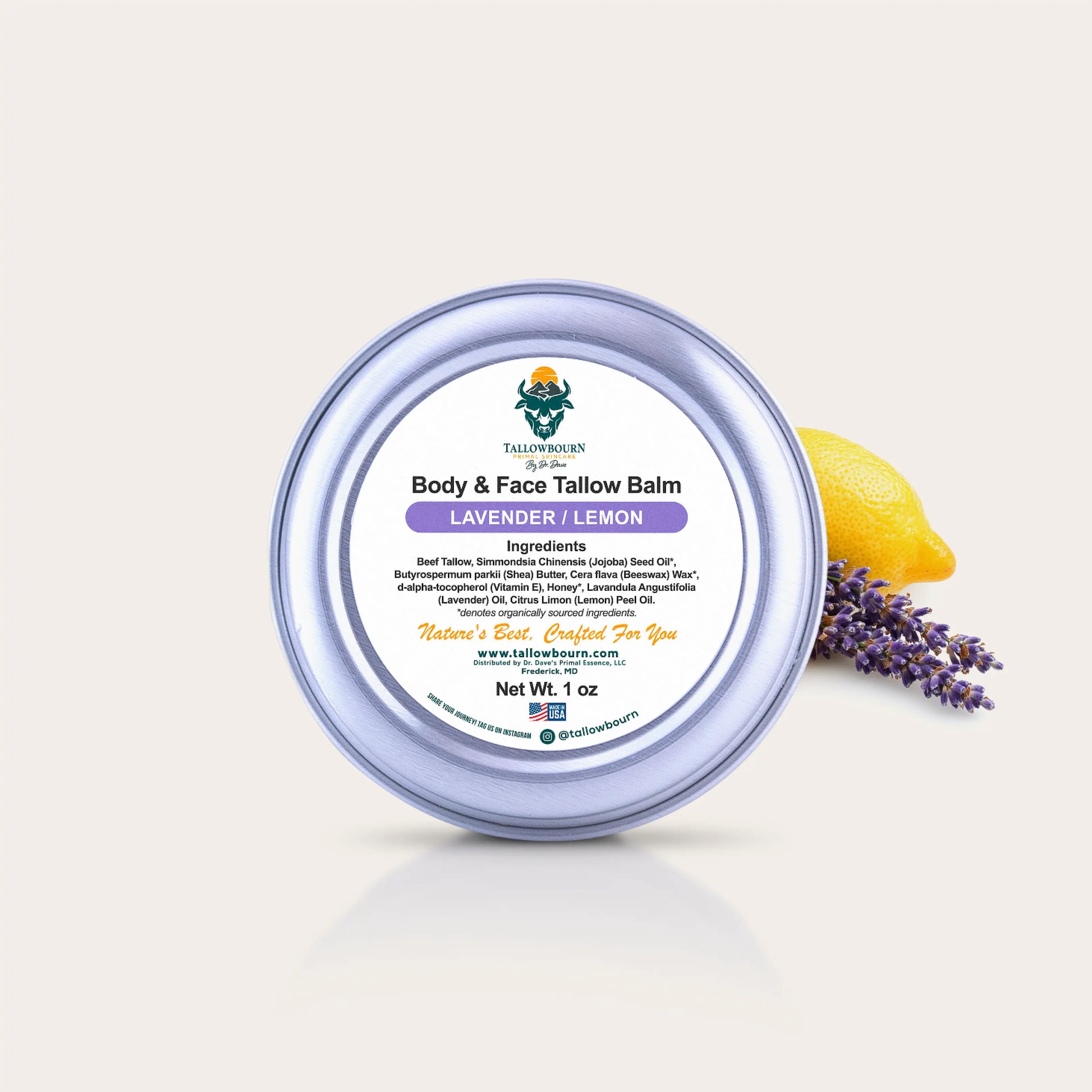 1oz Tallowbourn Tallow balm container with lavender and lemon on a light background