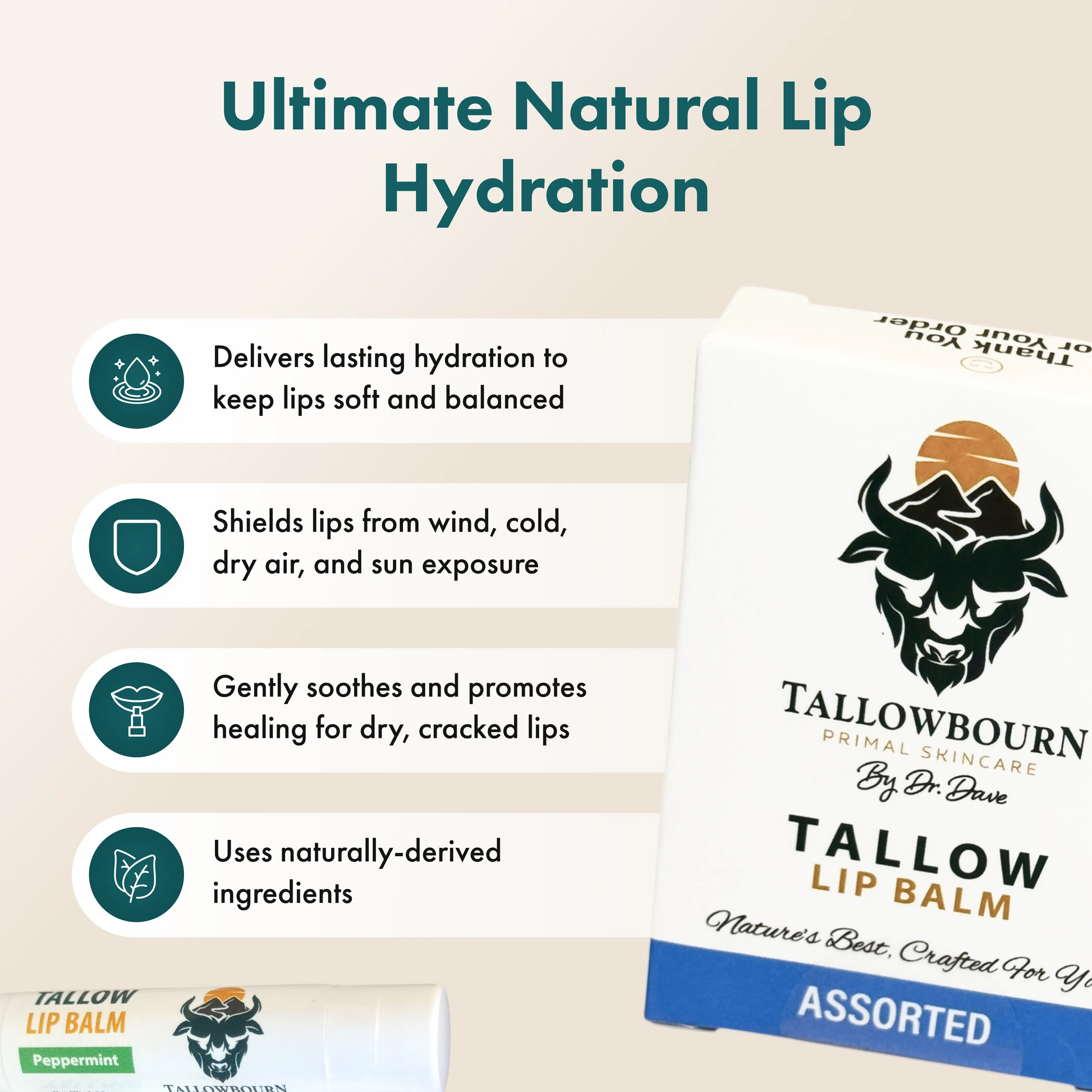 Tallowbourn lip balm packaging with product features on a beige background