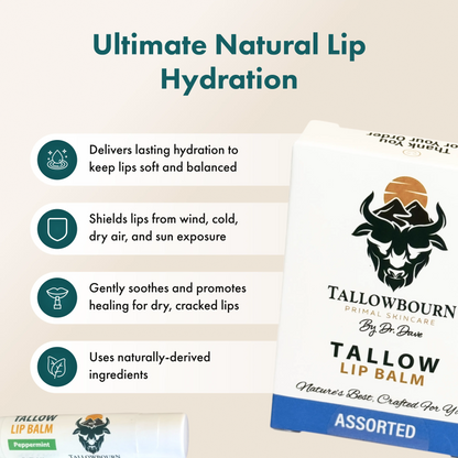 Tallowbourn lip balm packaging with product features on a beige background