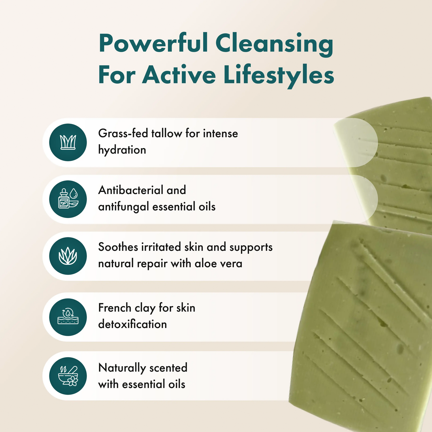 Athlete Shield tallow soap bar with text highlighting its benefits on a beige background