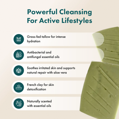 Athlete Shield tallow soap bar with text highlighting its benefits on a beige background