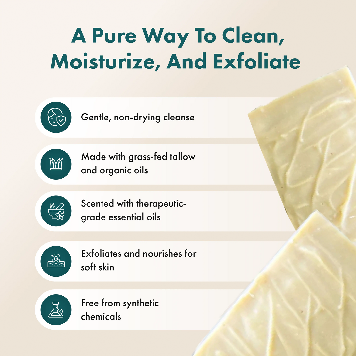 Product packaging with text highlighting benefits on a beige background