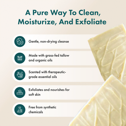 Product packaging with text highlighting benefits on a beige background