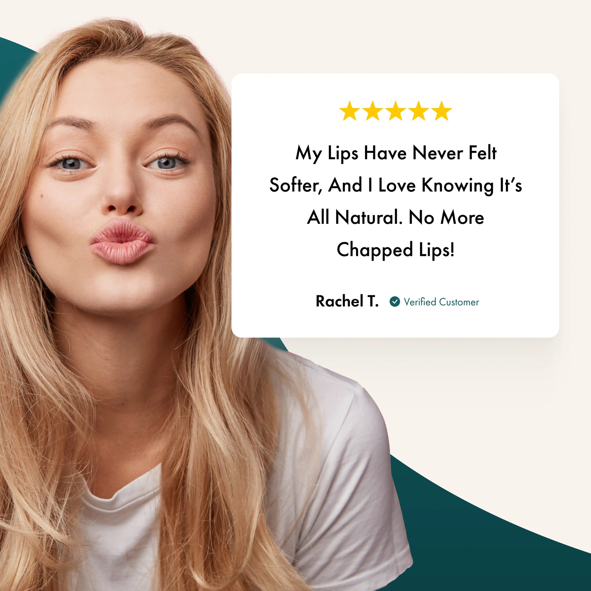 Woman with pouty lips next to a five-star review on a beige background