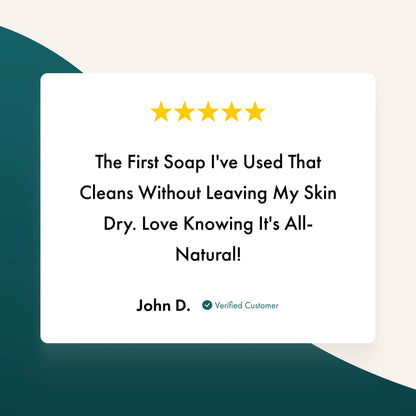 Five-star review for a natural soap product with a customer name and rating.