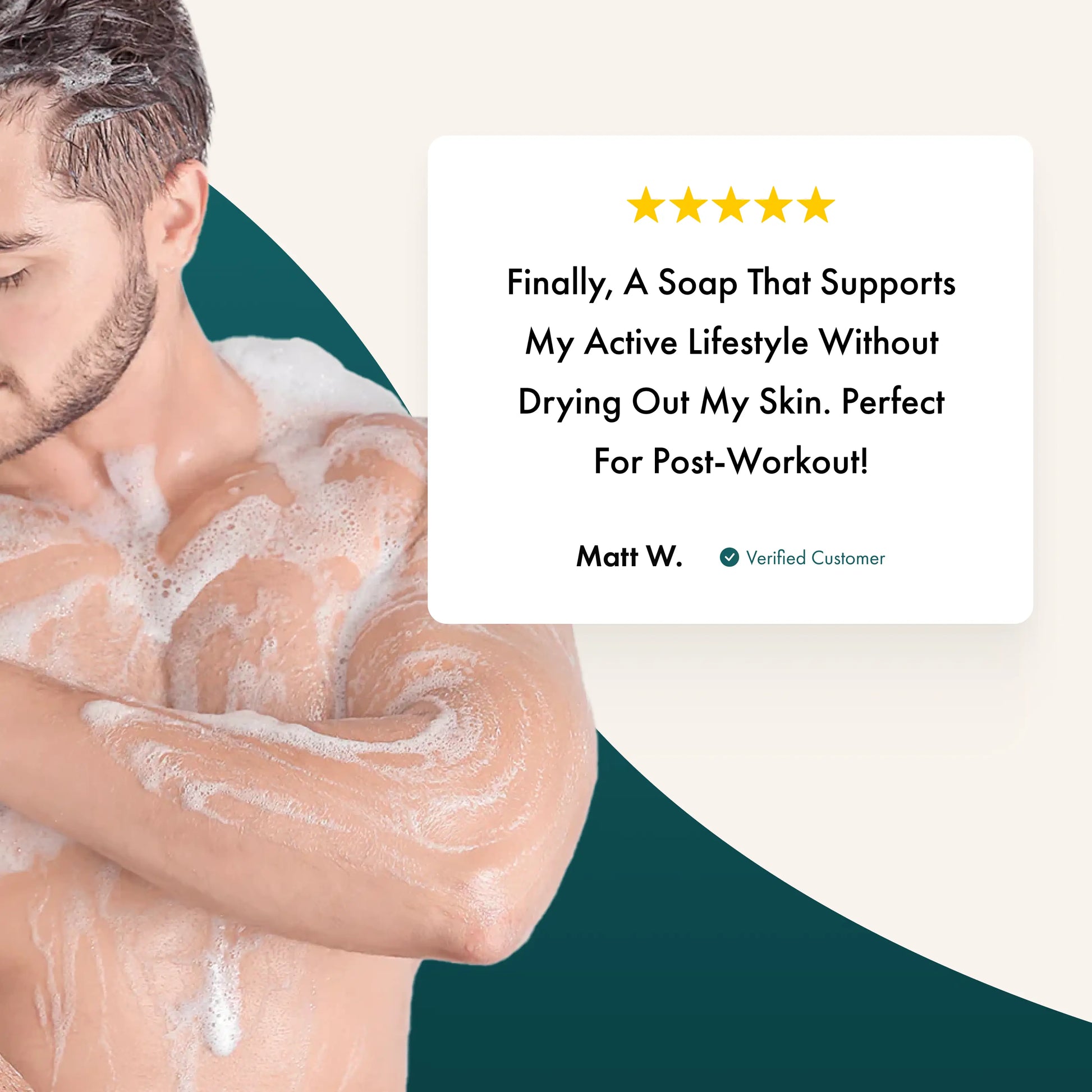 Man with soap suds on his body, with a five-star review overlay.