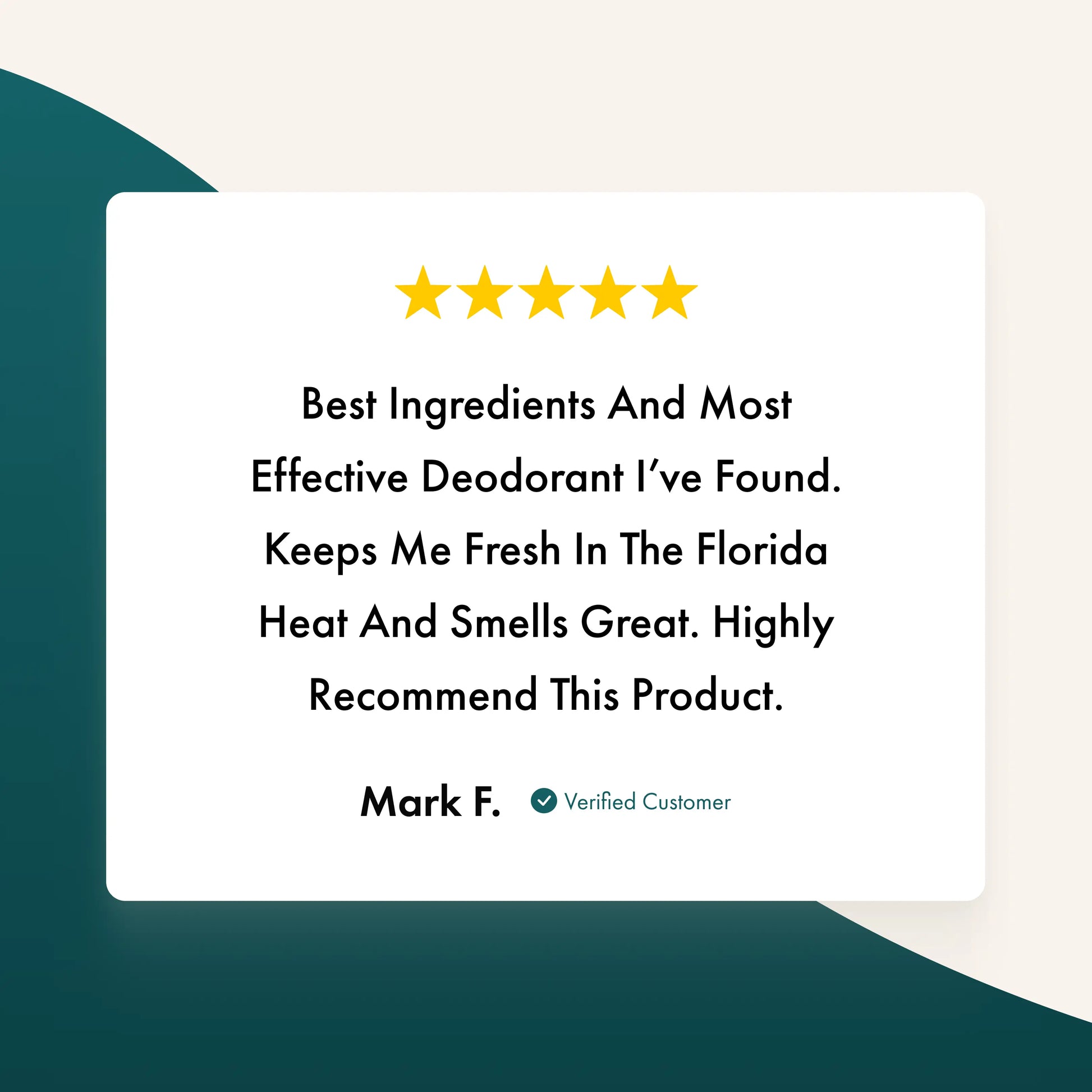 Five-star review for a Tallowbourn deodorant product on a green and beige background