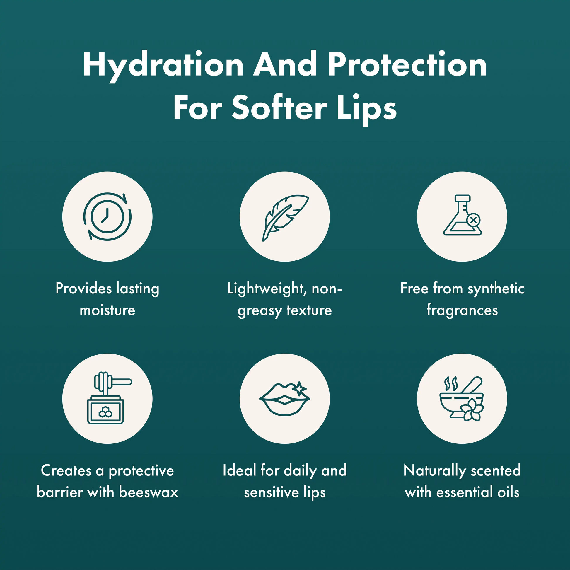 Lip balm product description with icons and text on a green background