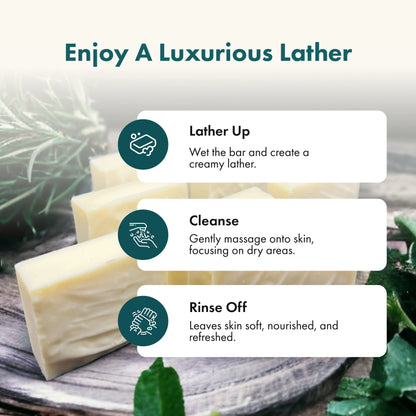 Bar of soap with instructions on creating a luxurious lather, cleanse, and rinse off.