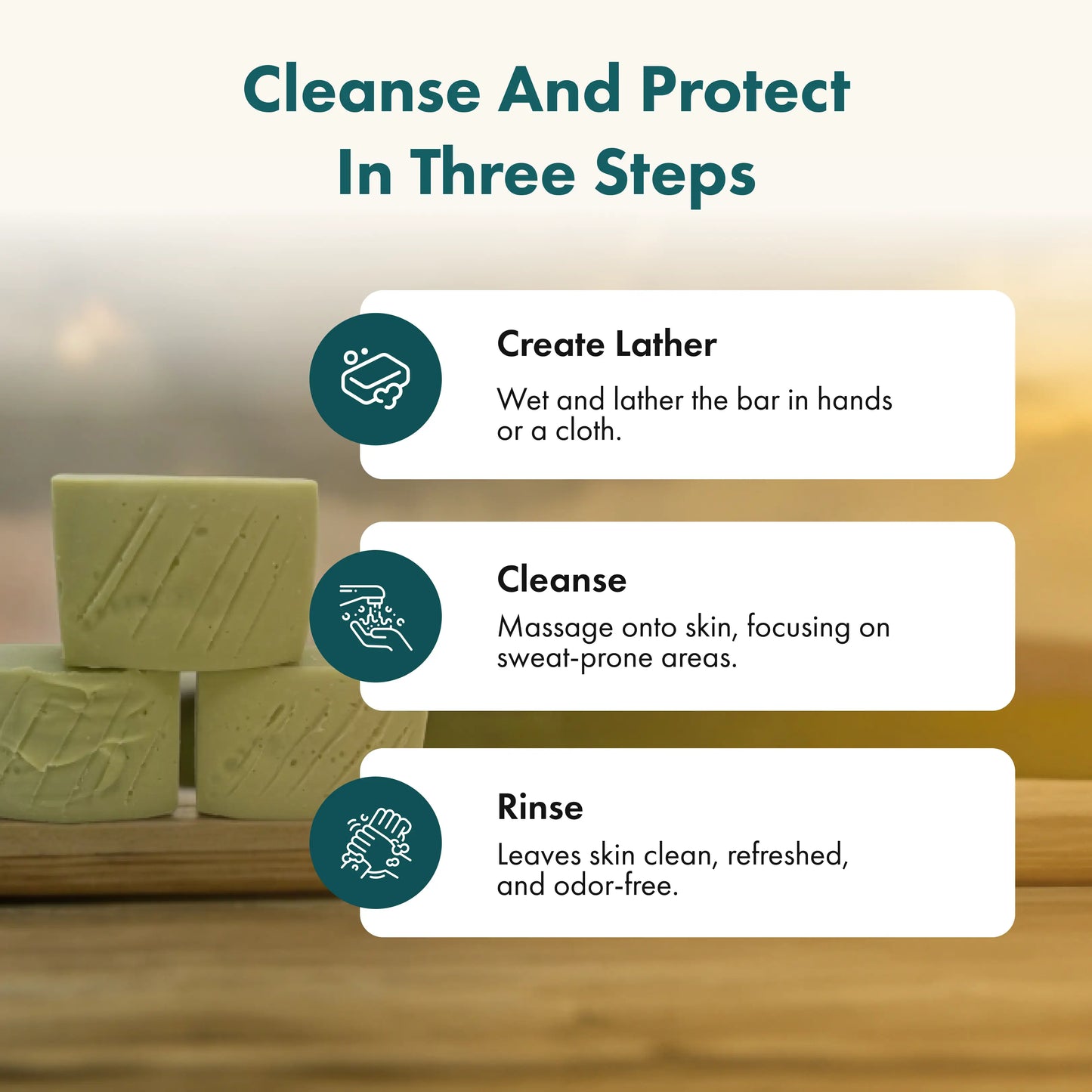 Three steps for using a Athlete Shield soap bar with text on a wooden background