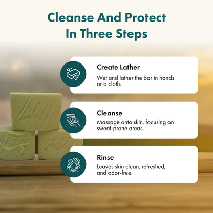 Three steps for using a Athlete Shield soap bar with text on a wooden background