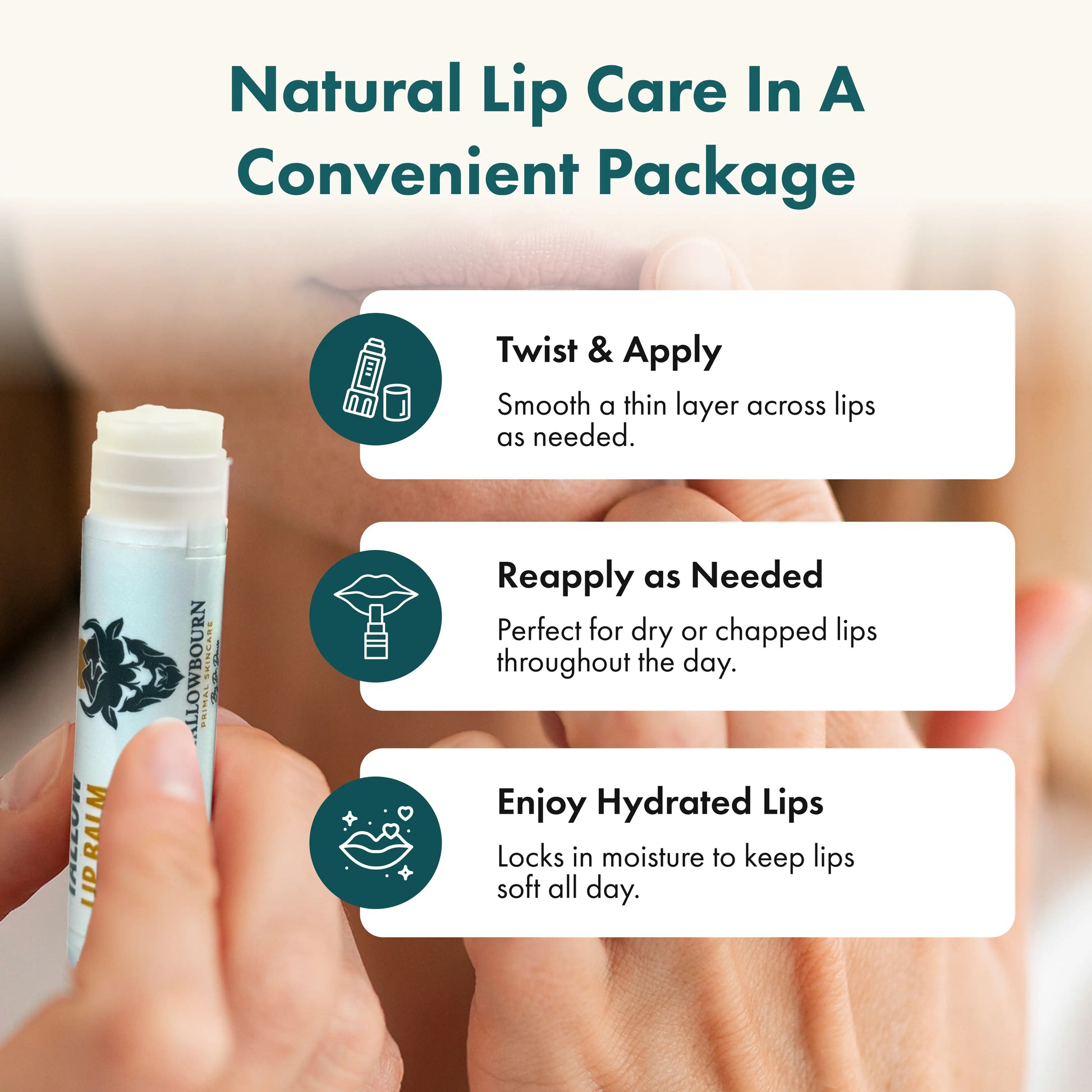 Lip balm with instructions on how to use it, held by a hand.