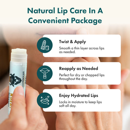 Lip balm with instructions on how to use it, held by a hand.