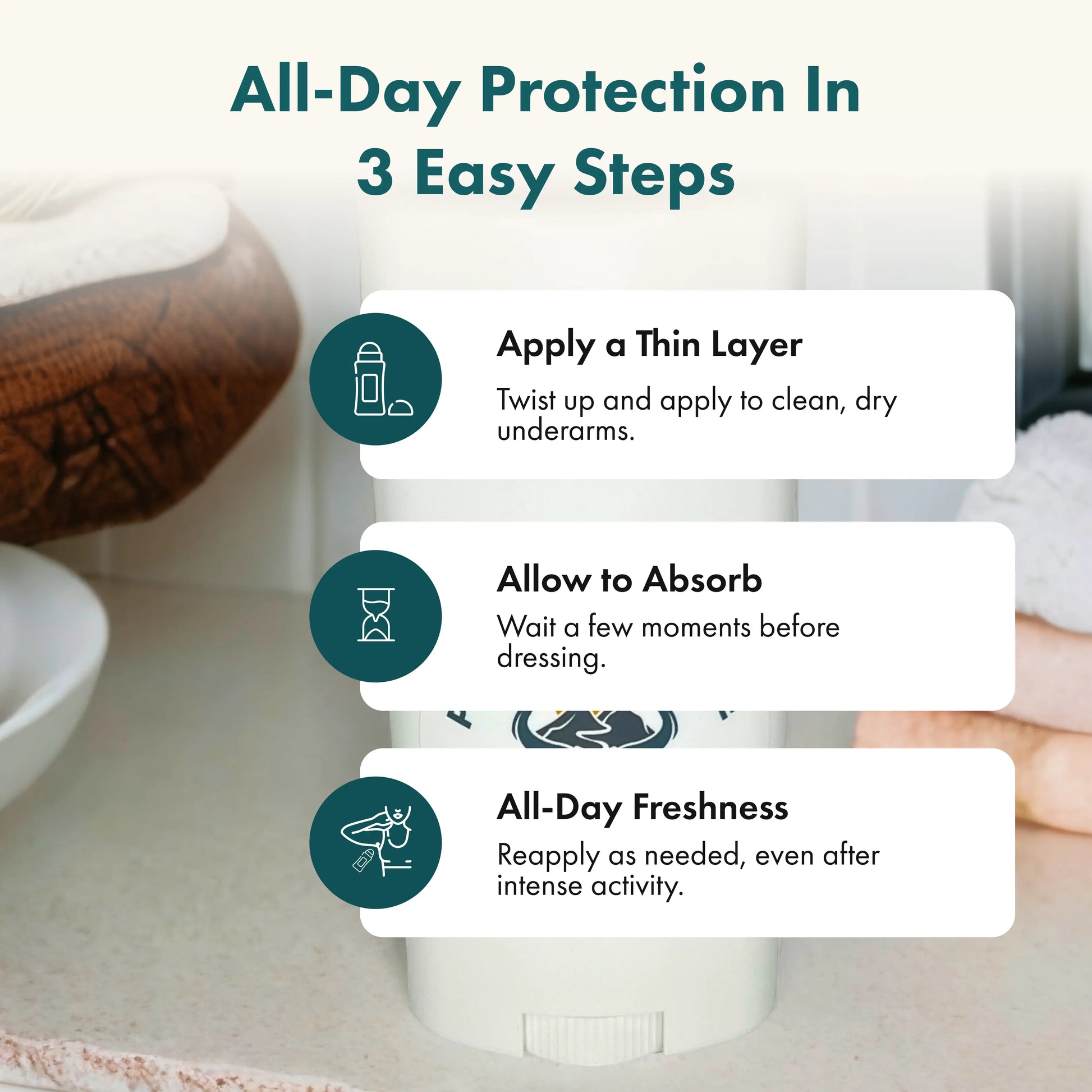 Product packaging with application instructions for underarm care on a neutral background