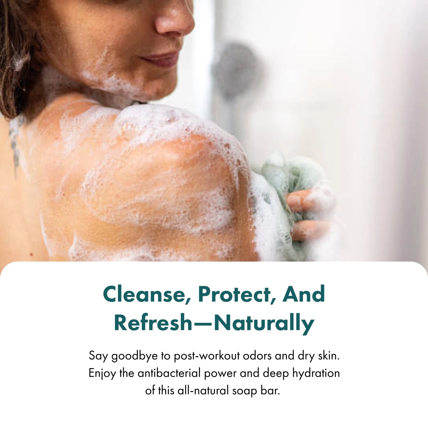 Person washing themselves with a bar of soap, with text promoting an all-natural soap bar.
