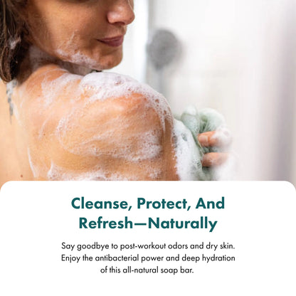Person washing themselves with a bar of soap, with text promoting an all-natural soap bar.