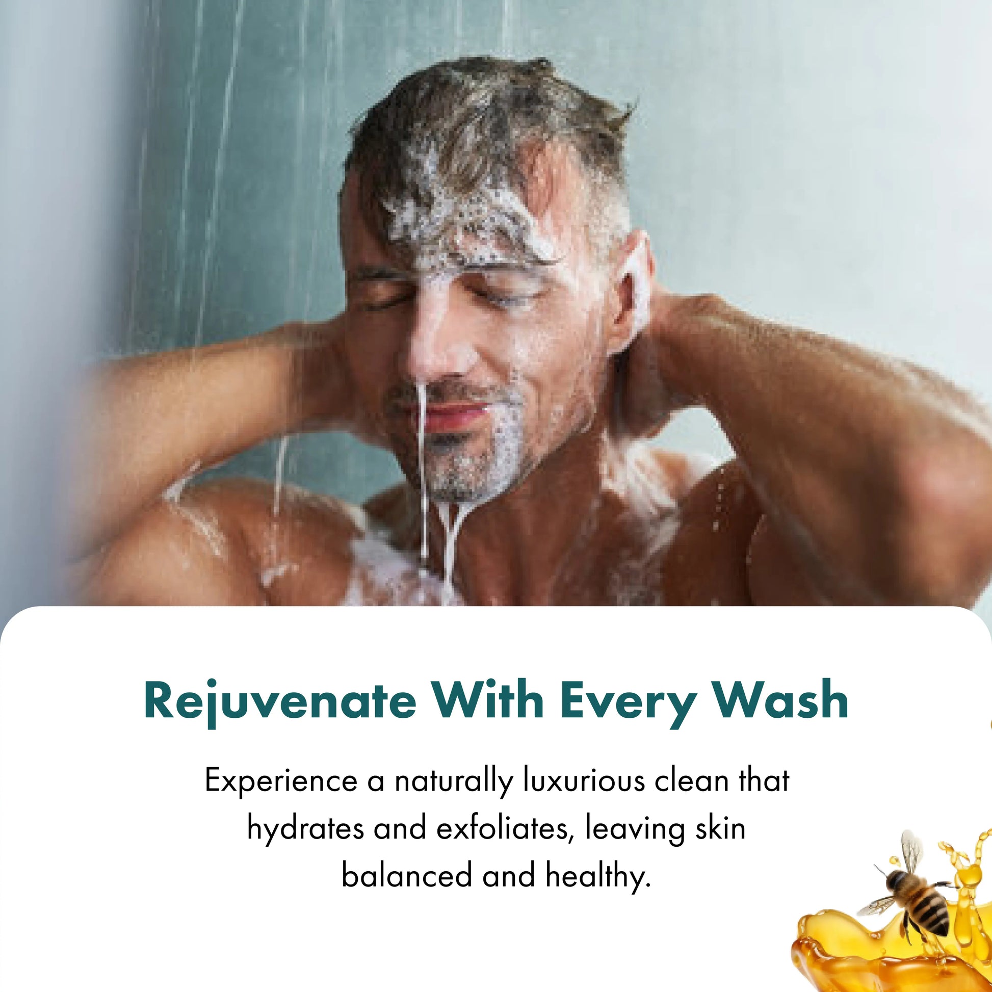 Man showering with soap suds on his face, with text about a natural cleansing product.