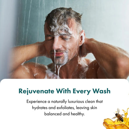 Man showering with soap suds on his face, with text about a natural cleansing product.