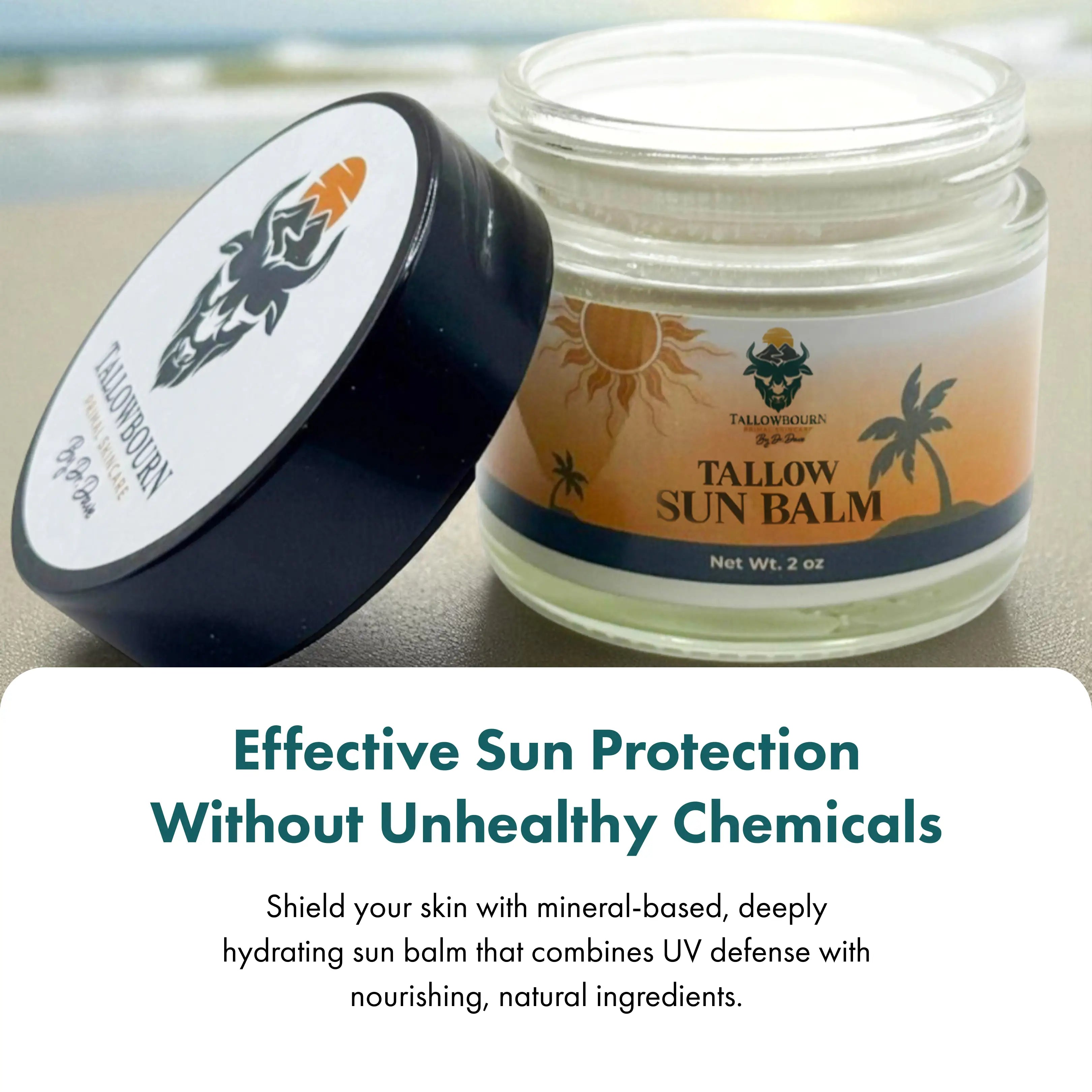 Tallow Sun Balm jar with label and text about effective sun protection.
