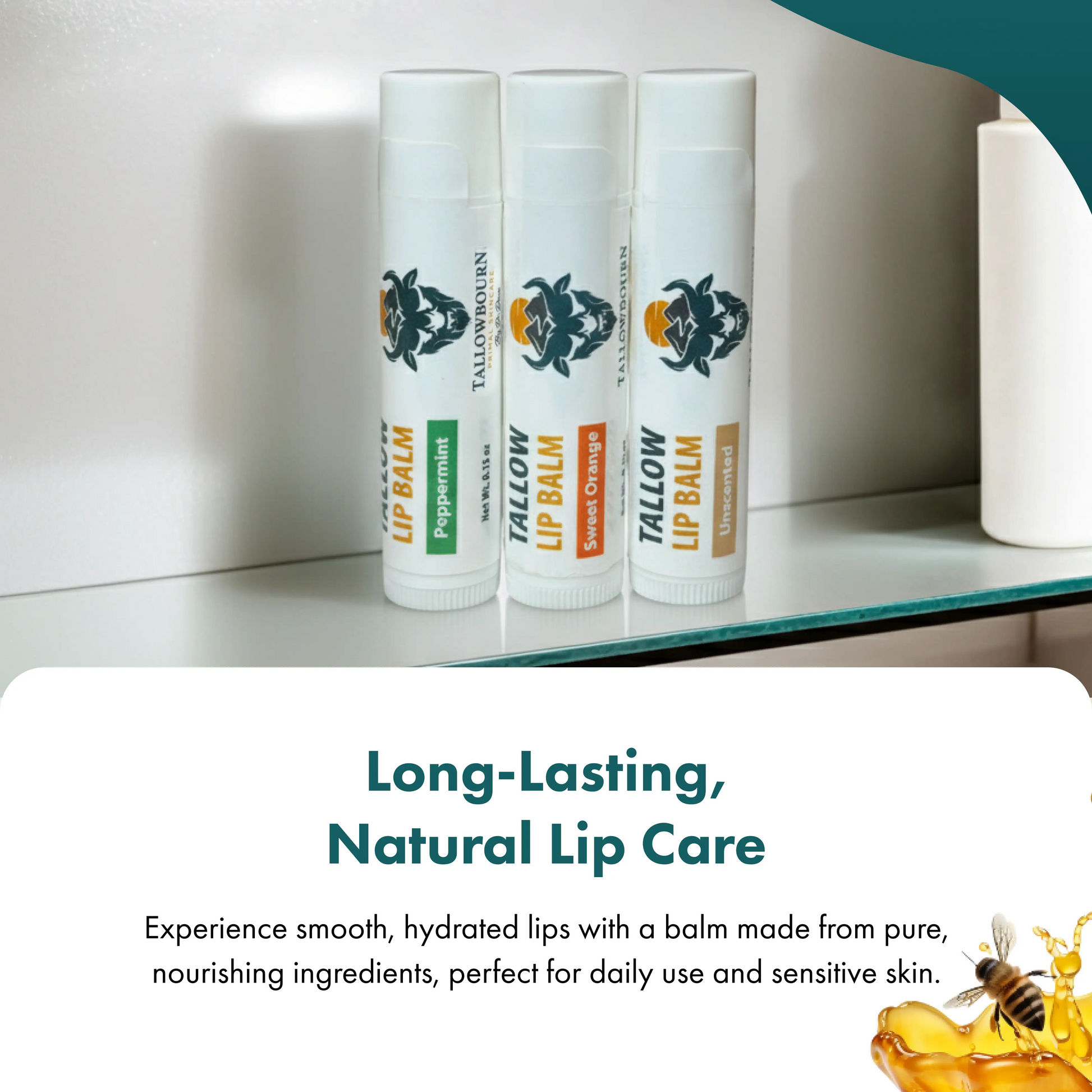 Three lip balm tubes on a shelf with promotional text about long-lasting natural lip care.