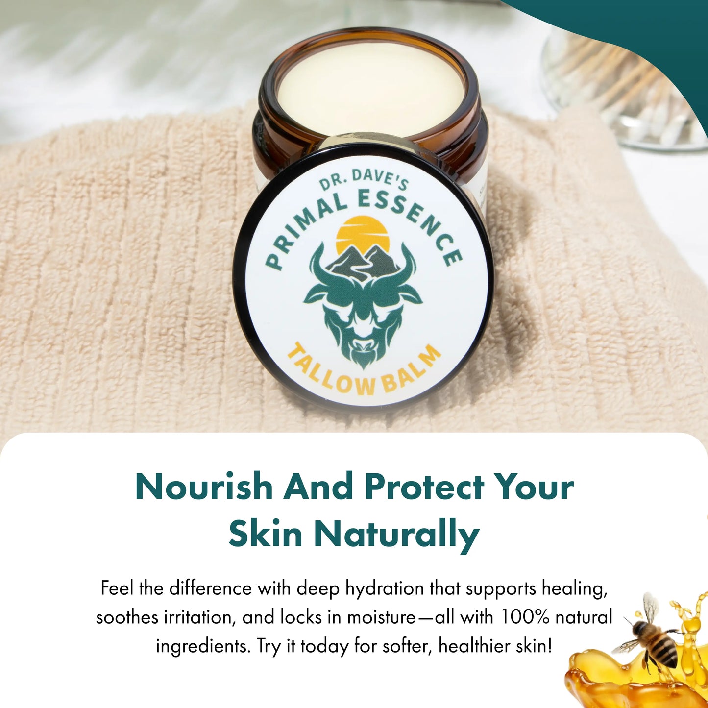 Tallowbourn Tallow Balm jar on a textured surface with promotional text.