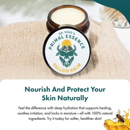 Tallowbourn Tallow Balm jar on a textured surface with promotional text.