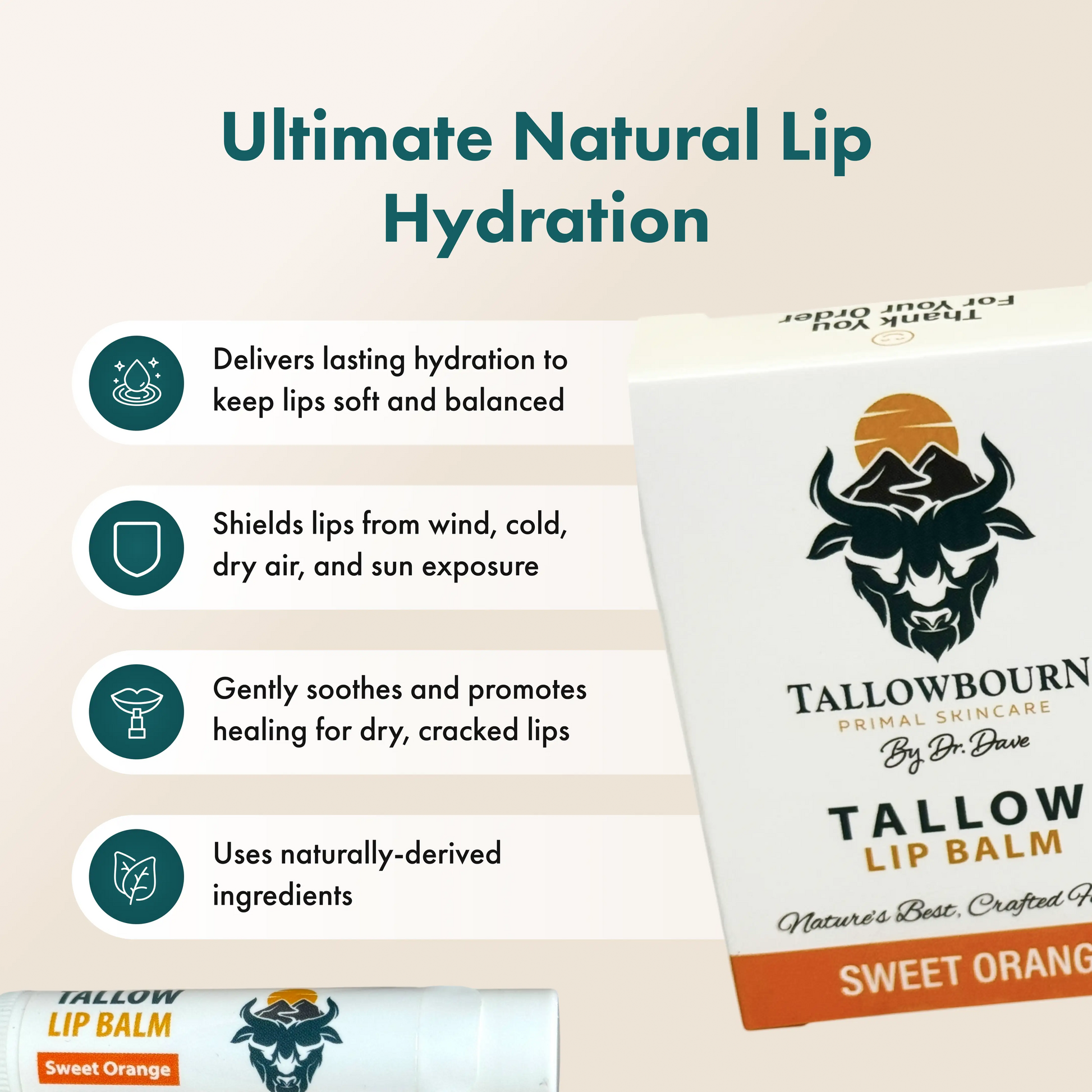 Tallowbourn lip balm packaging with product features on a beige background