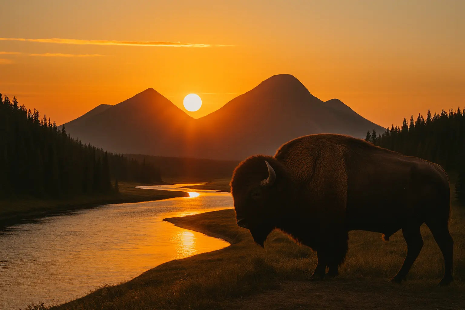 Silhouette of a bison by a river with mountains and setting sun in the background