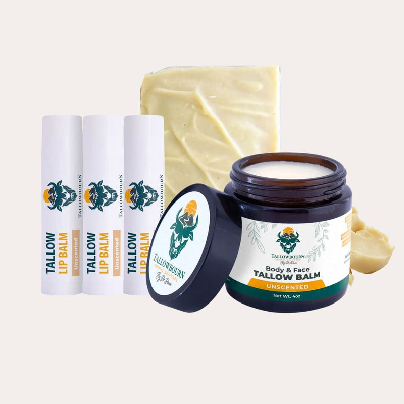 Tallowbourn unscented tallow bundle — fragrance-free balm, lip balm, and soap