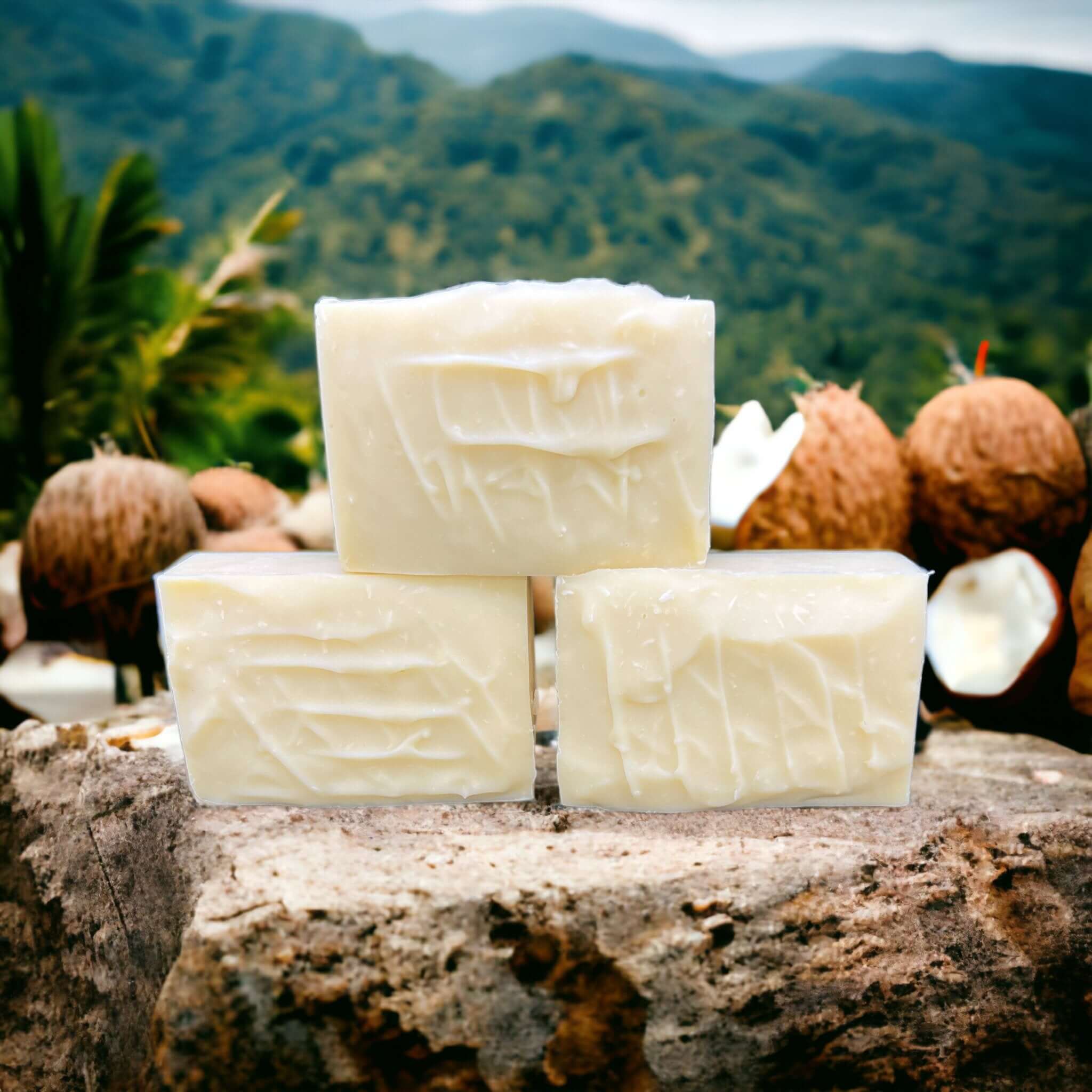 Three handcrafted soap bars stacked with a textured creamy surface.