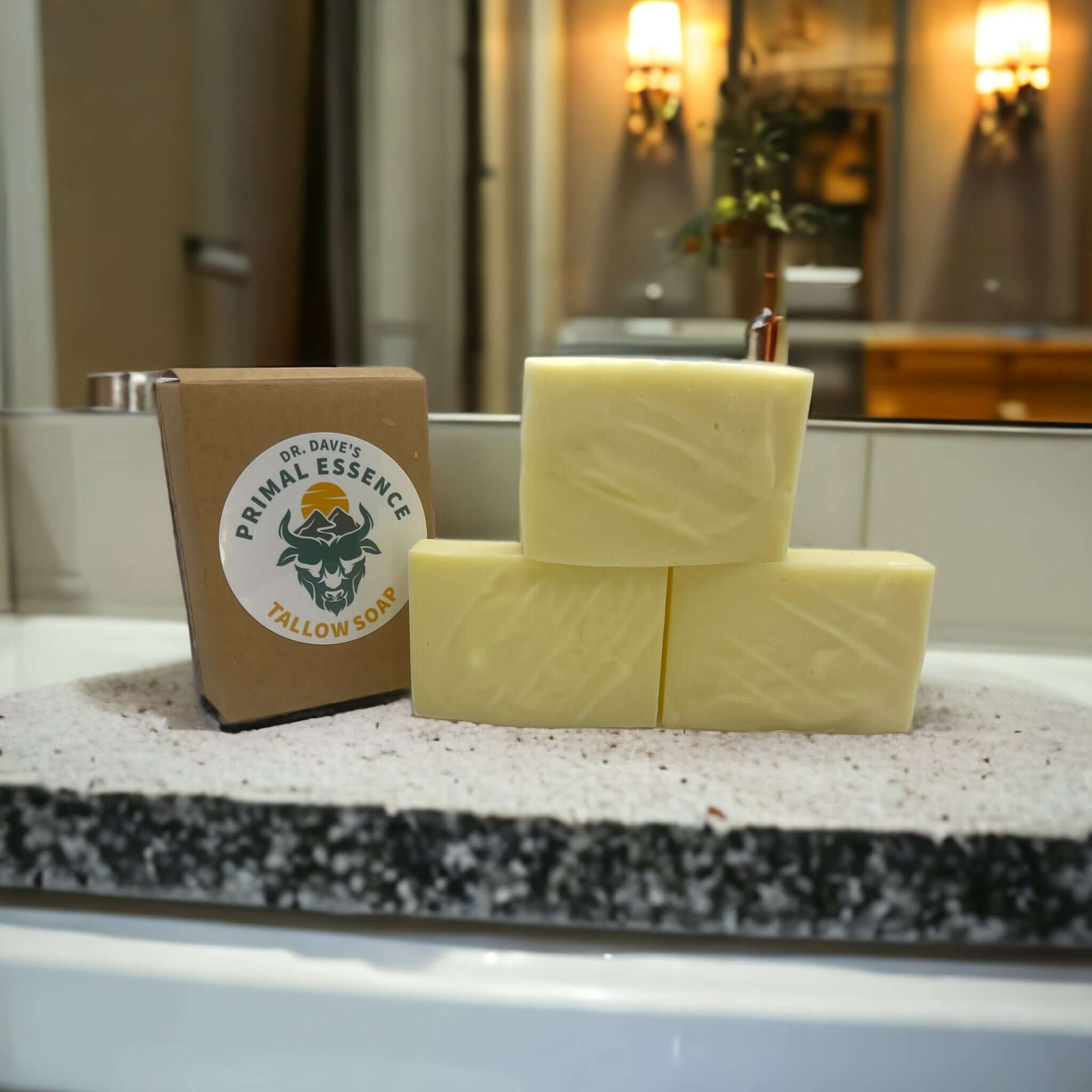 Three handcrafted soap bars stacked with a textured creamy surface.