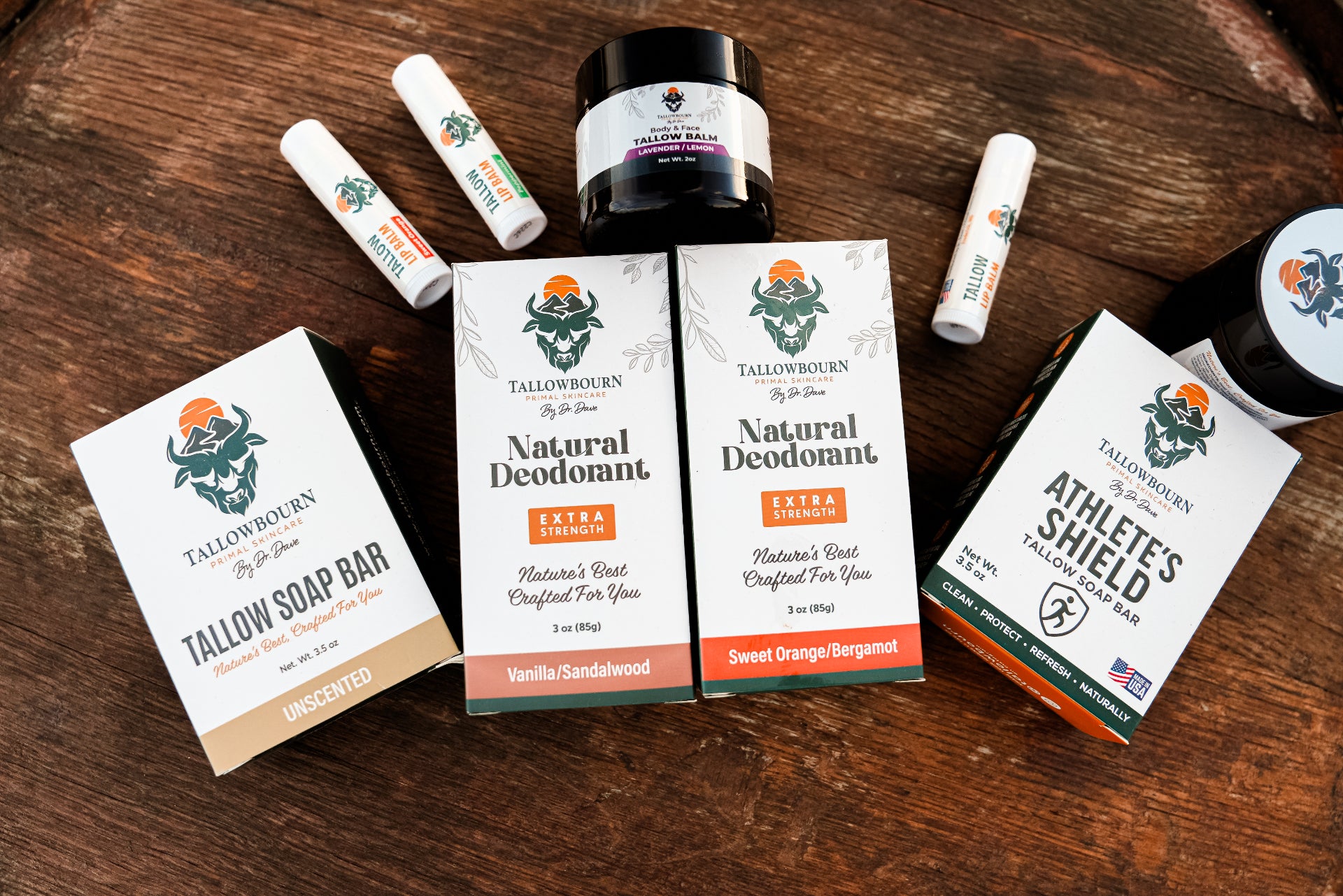 Tallowbourn product lineup including soaps, deodorants, balms and lip balms